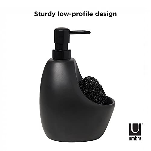 Minimalist Black UMBRA Joey, Matte Ceramic Liquid Soap Dispenser with Sponge Caddy