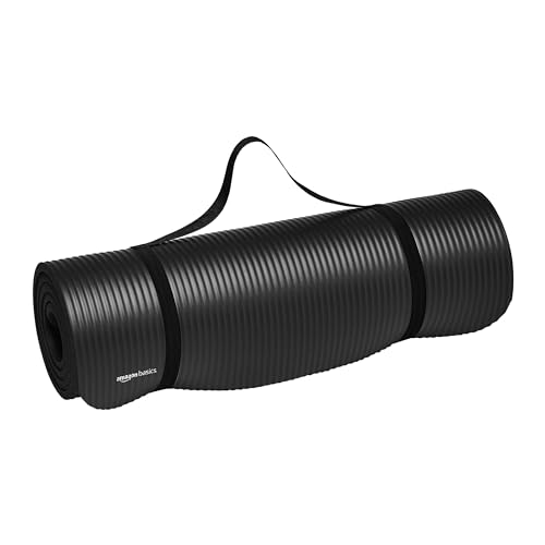 Minimalist Black Exercise Yoga, Gym, Floor Mat with Carrying Strap, Extra Thick, 74x24x.5 Inches