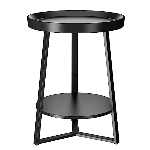 Minimalist Black Round End, Accent Table w/Storage Shelf, 15.7"x15.7"x23.6"