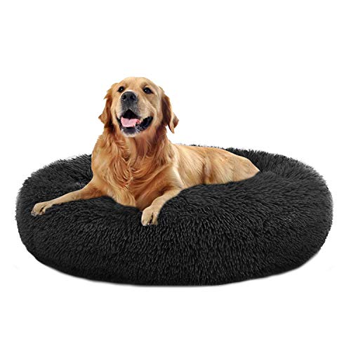 Minimalist Black Faux Fur Cuddler Ultra Soft Calming Bed, Multiple Sizes