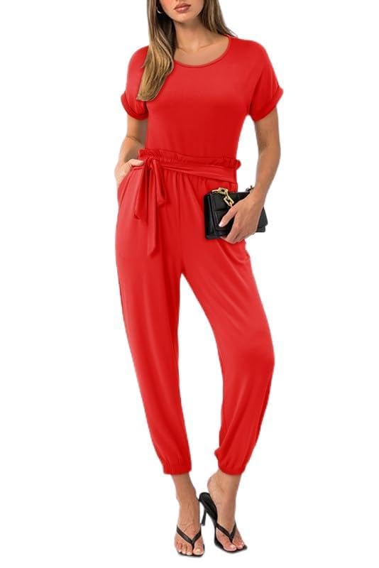 Minimalist Red Casual Short Sleeve Top, Belted Tapered Pants, 2 Piece Set