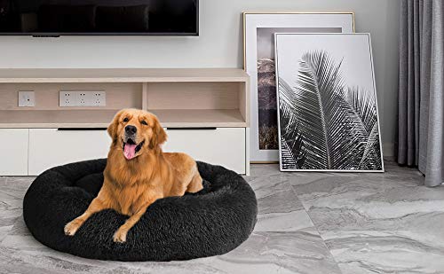 Minimalist Black Faux Fur Cuddler Ultra Soft Calming Bed, Multiple Sizes