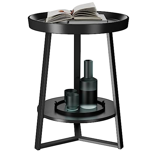 Minimalist Black Round End, Accent Table w/Storage Shelf, 15.7"x15.7"x23.6"