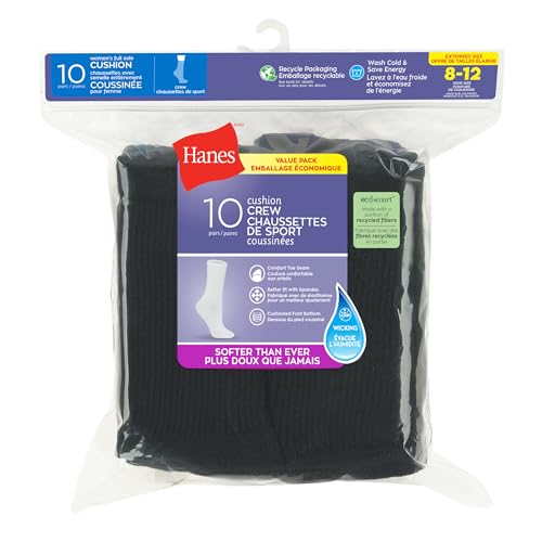 Minimalist Black Hanes Women's Crew Sock, Pack of 10 Dress Casual Socks, Black, 9 11 US