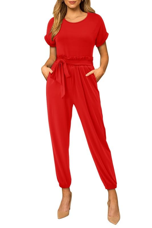 Minimalist Red Casual Short Sleeve Top, Belted Tapered Pants, 2 Piece Set