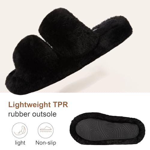 Minimalist Black Faux Fur Women's Open Toe Indoor/Outdoor Slippers, Slides, Flats