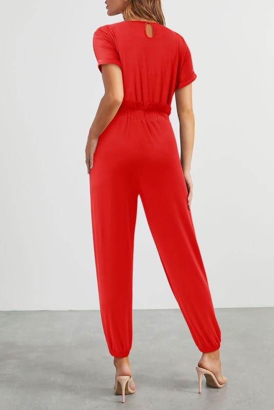 Minimalist Red Casual Short Sleeve Top, Belted Tapered Pants, 2 Piece Set