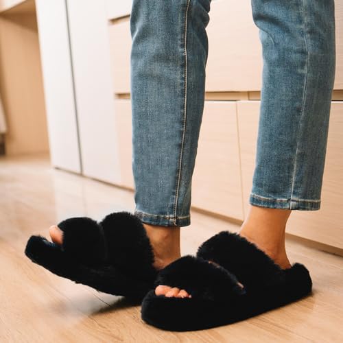 Minimalist Black Faux Fur Women's Open Toe Indoor/Outdoor Slippers, Slides, Flats