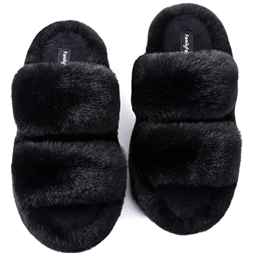 Minimalist Black Faux Fur Women's Open Toe Indoor/Outdoor Slippers, Slides, Flats