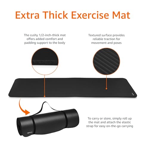 Minimalist Black Exercise Yoga, Gym, Floor Mat with Carrying Strap, Extra Thick, 74x24x.5 Inches