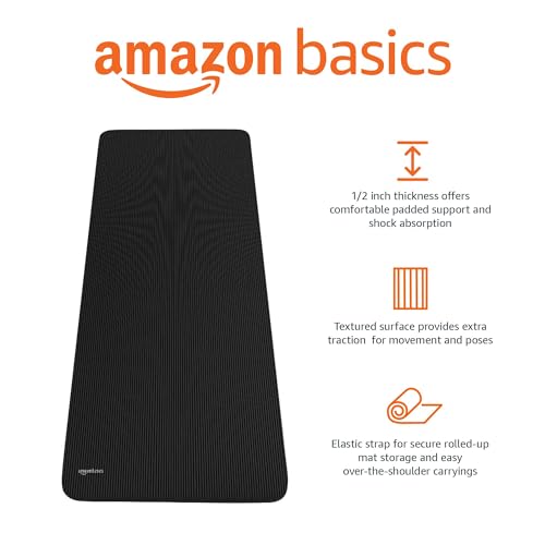 Minimalist Black Exercise Yoga, Gym, Floor Mat with Carrying Strap, Extra Thick, 74x24x.5 Inches