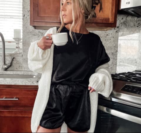 Minimalist Black Satin Women's Pyjama, Loungewear Short Sleeve and Shorts, 2 Piece Set