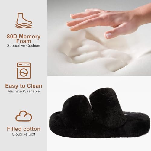 Minimalist Black Faux Fur Women's Open Toe Indoor/Outdoor Slippers, Slides, Flats