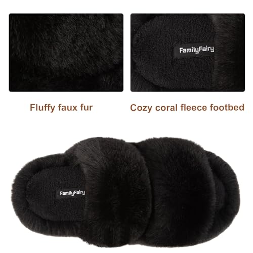 Minimalist Black Faux Fur Women's Open Toe Indoor/Outdoor Slippers, Slides, Flats