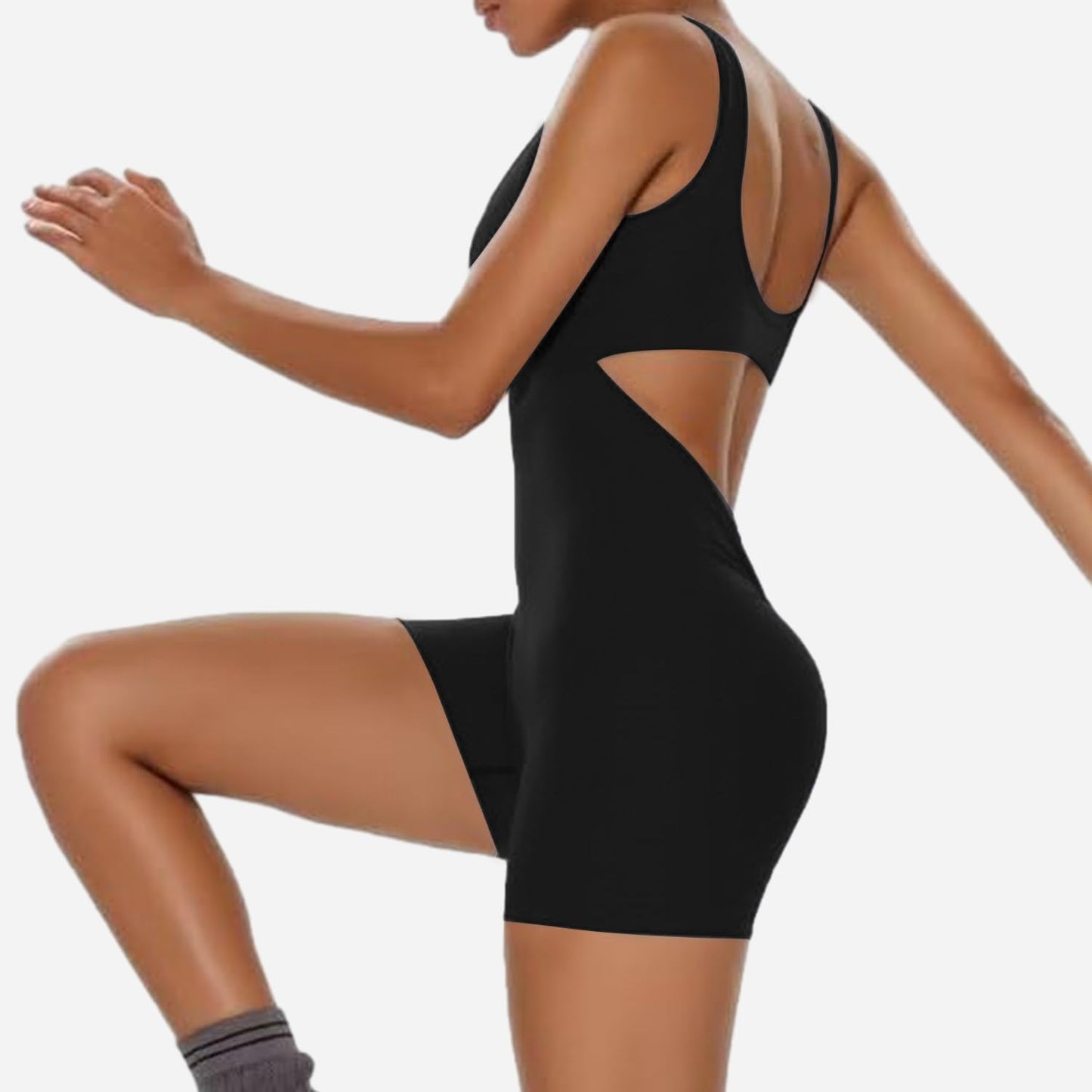 Minimalist Black Women's Sleeveless, Backless, V-Back Jumpsuit, Bodysuit, Romper