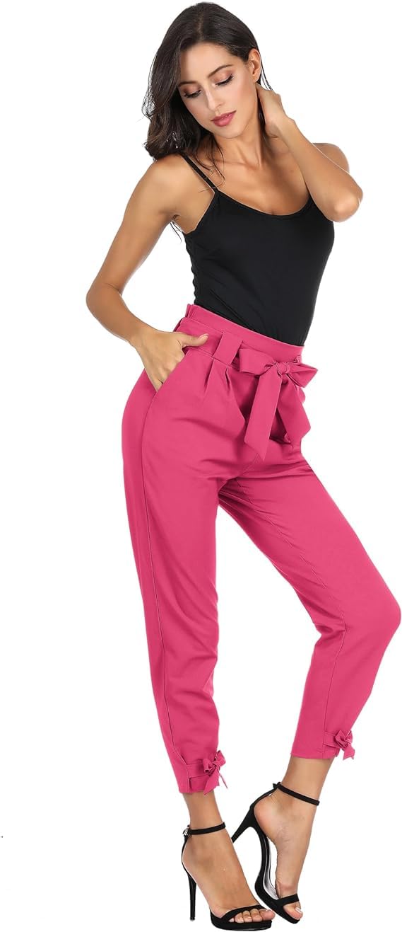 Minimalist Hot Pink Cropped Paper Bag Waist Pants with Pockets