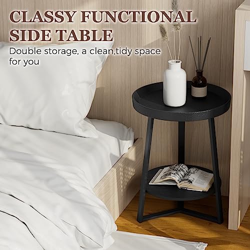 Minimalist Black Round End, Accent Table w/Storage Shelf, 15.7"x15.7"x23.6"