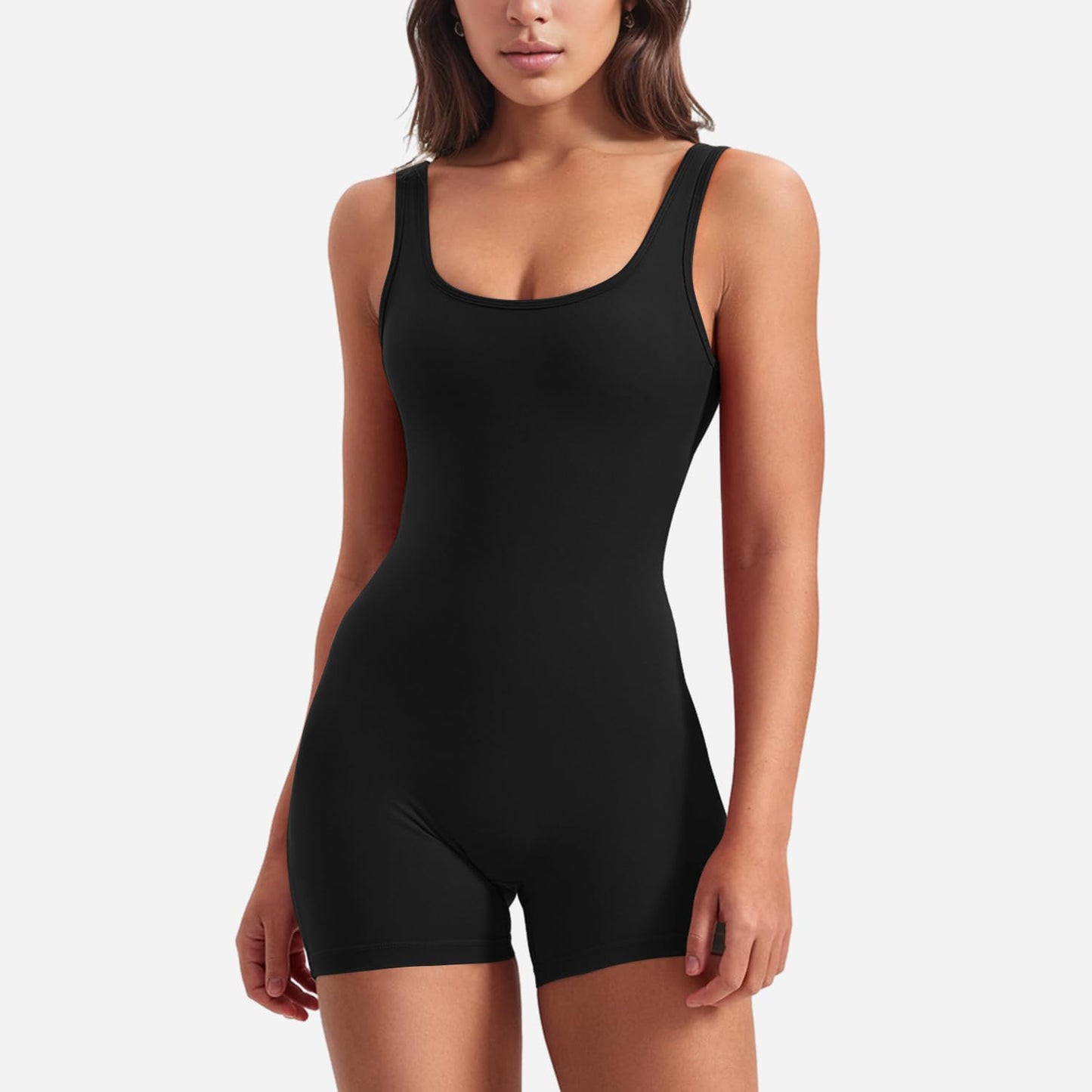 Minimalist Black Women's Sleeveless, Backless, V-Back Jumpsuit, Bodysuit, Romper