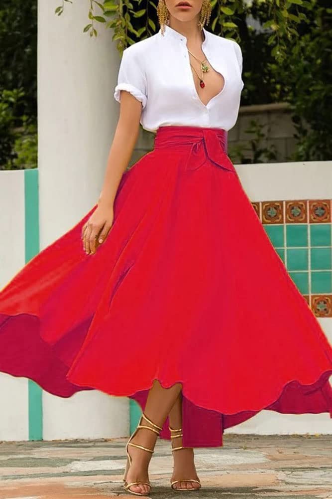 Minimalist Red Elegant High Waisted Side Slit Women's Maxi Skirt with Pockets