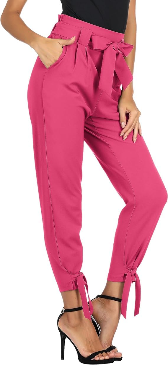 Minimalist Hot Pink Cropped Paper Bag Waist Pants with Pockets