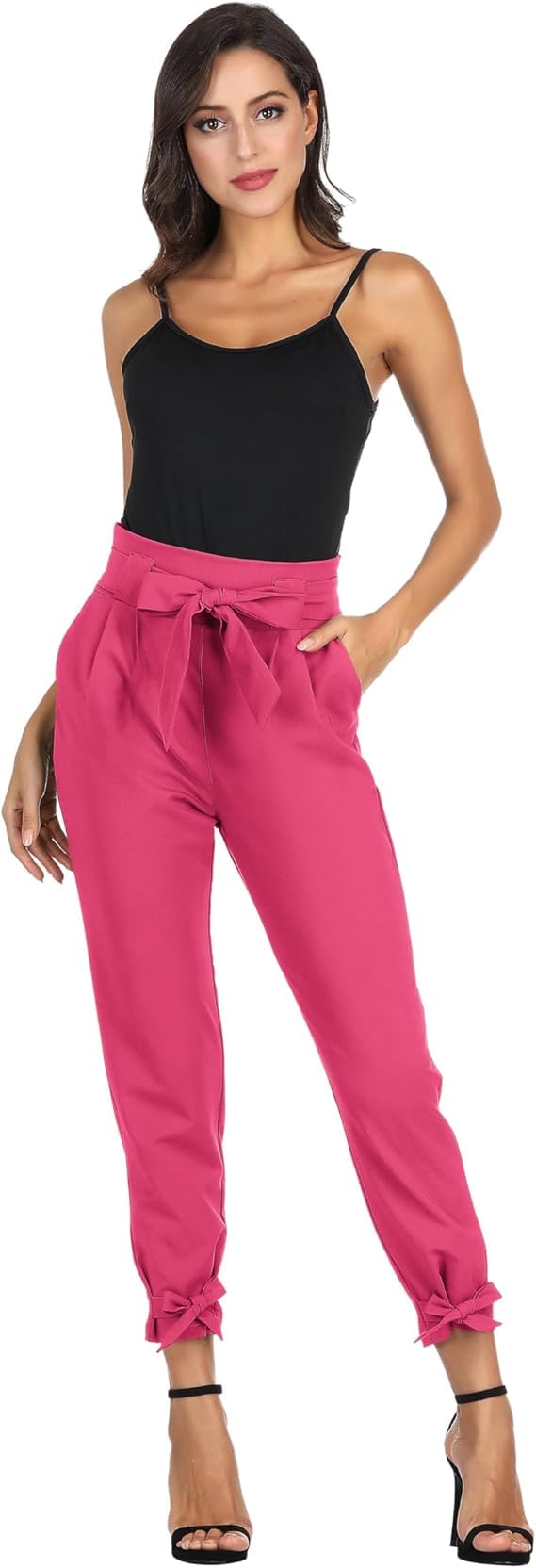 Minimalist Hot Pink Cropped Paper Bag Waist Pants with Pockets