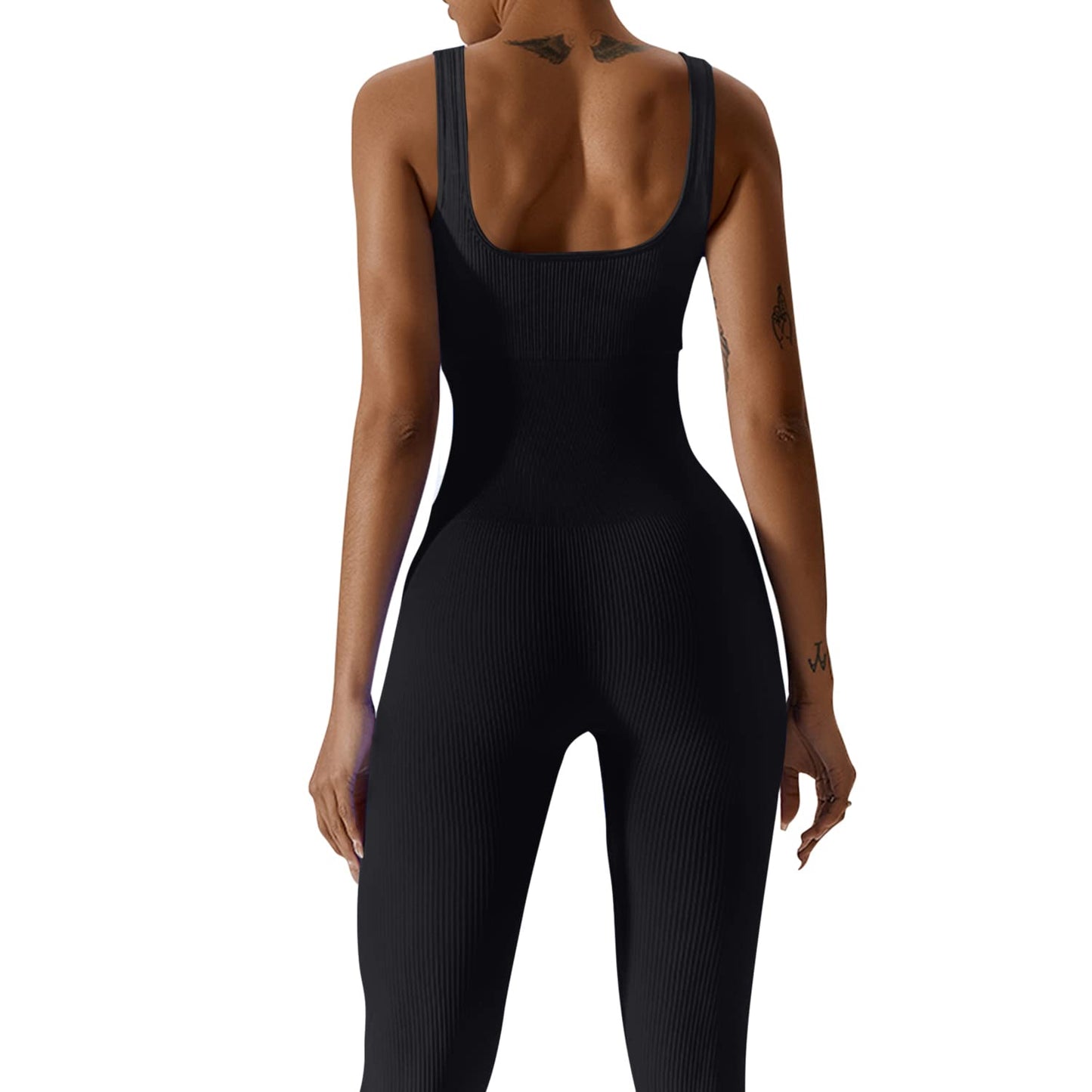 Minimalist Black Ribbed, Sleeveless Women's Yoga Full Length Jumpsuit