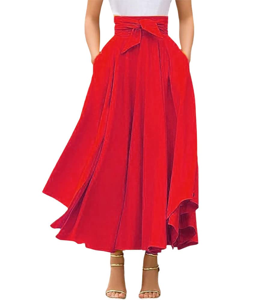 Minimalist Red Elegant High Waisted Side Slit Women's Maxi Skirt with Pockets