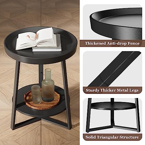 Minimalist Black Round End, Accent Table w/Storage Shelf, 15.7"x15.7"x23.6"