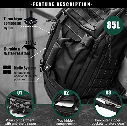 Minimalist Black Travel, Tactical, Duffle, Weekender, Overnight Bag, 80L