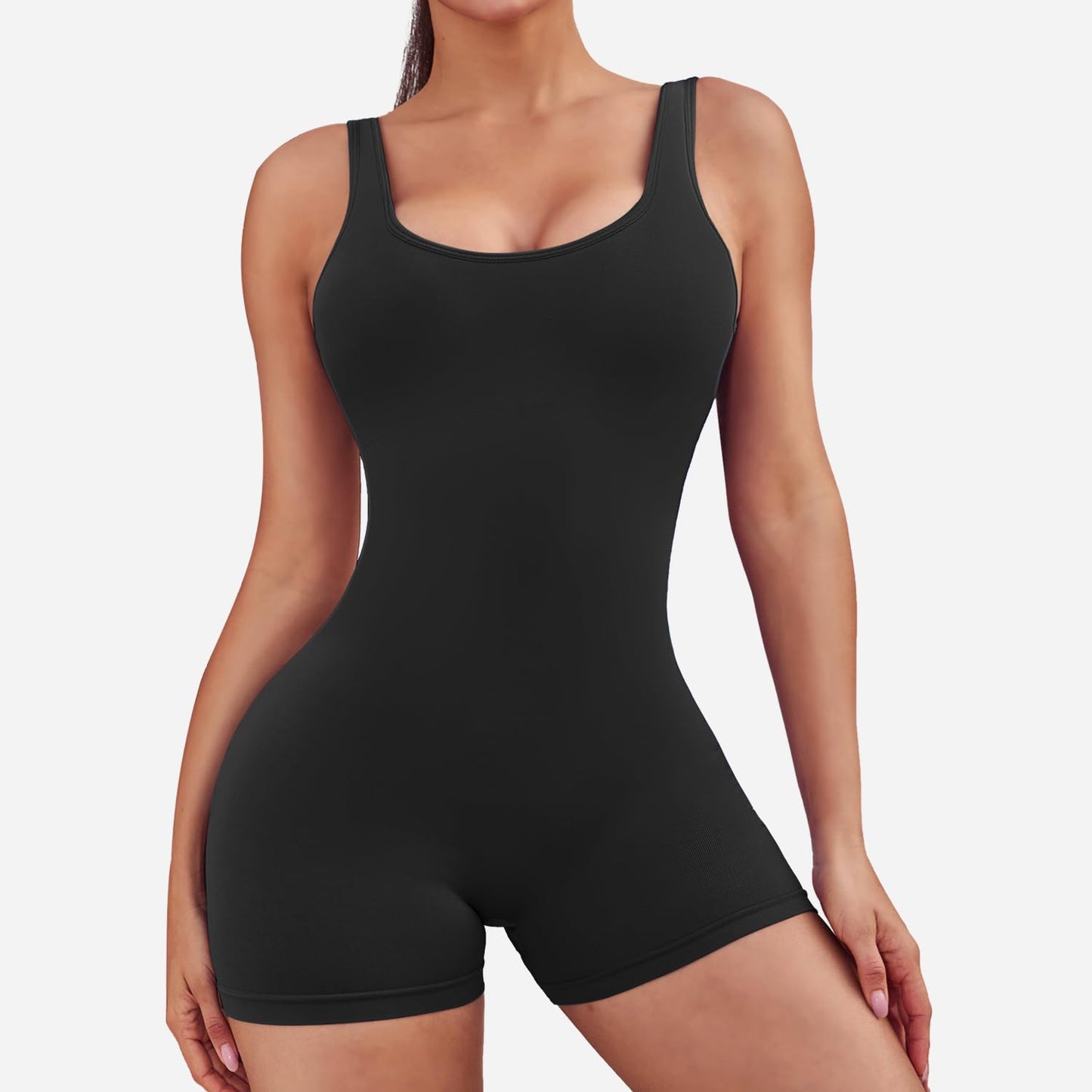 Minimalist Black Women's Sleeveless, Backless, V-Back Jumpsuit, Bodysuit, Romper