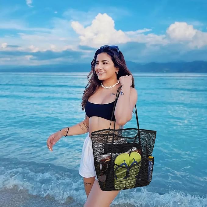 Minimalist Black Mesh Foldable Beach Tote Bag w/Zipper Pocket