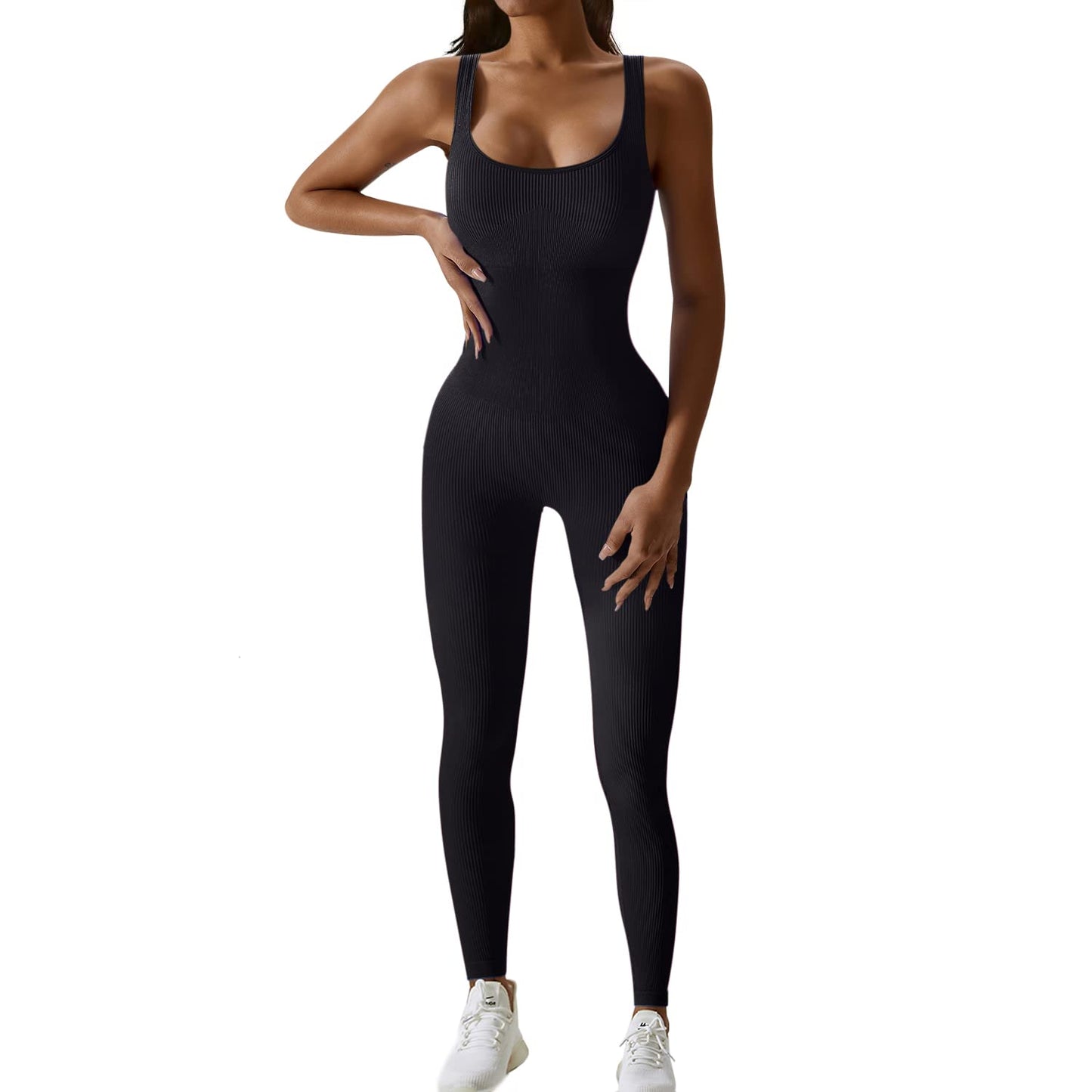 Minimalist Black Ribbed, Sleeveless Women's Yoga Full Length Jumpsuit