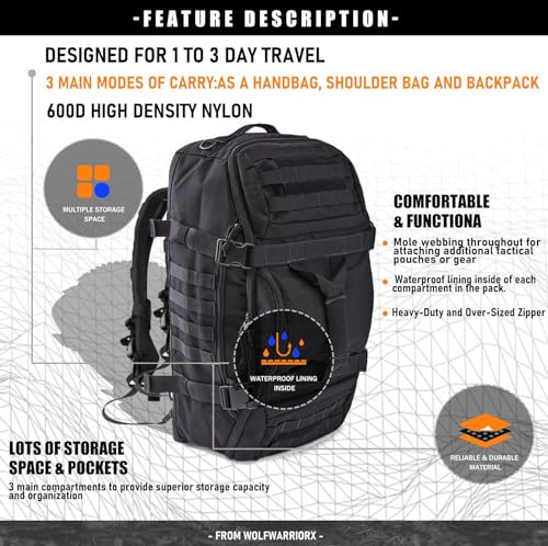 Minimalist Black Travel, Tactical, Duffle, Weekender, Overnight Bag, 80L