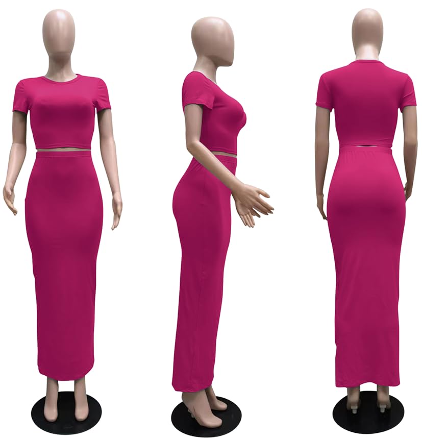 Minimalist Rose Women's 2 Piece Bodycon Maxi Skirt Short Sleeve Crop Top Set