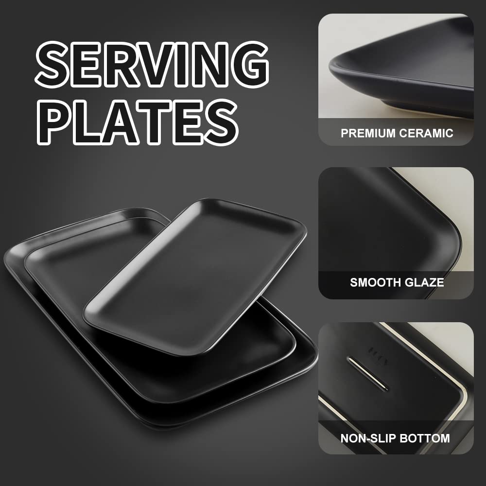 Minimalist Black Ceramic Rectangular Serving Trays, 14/12/10 Inch"