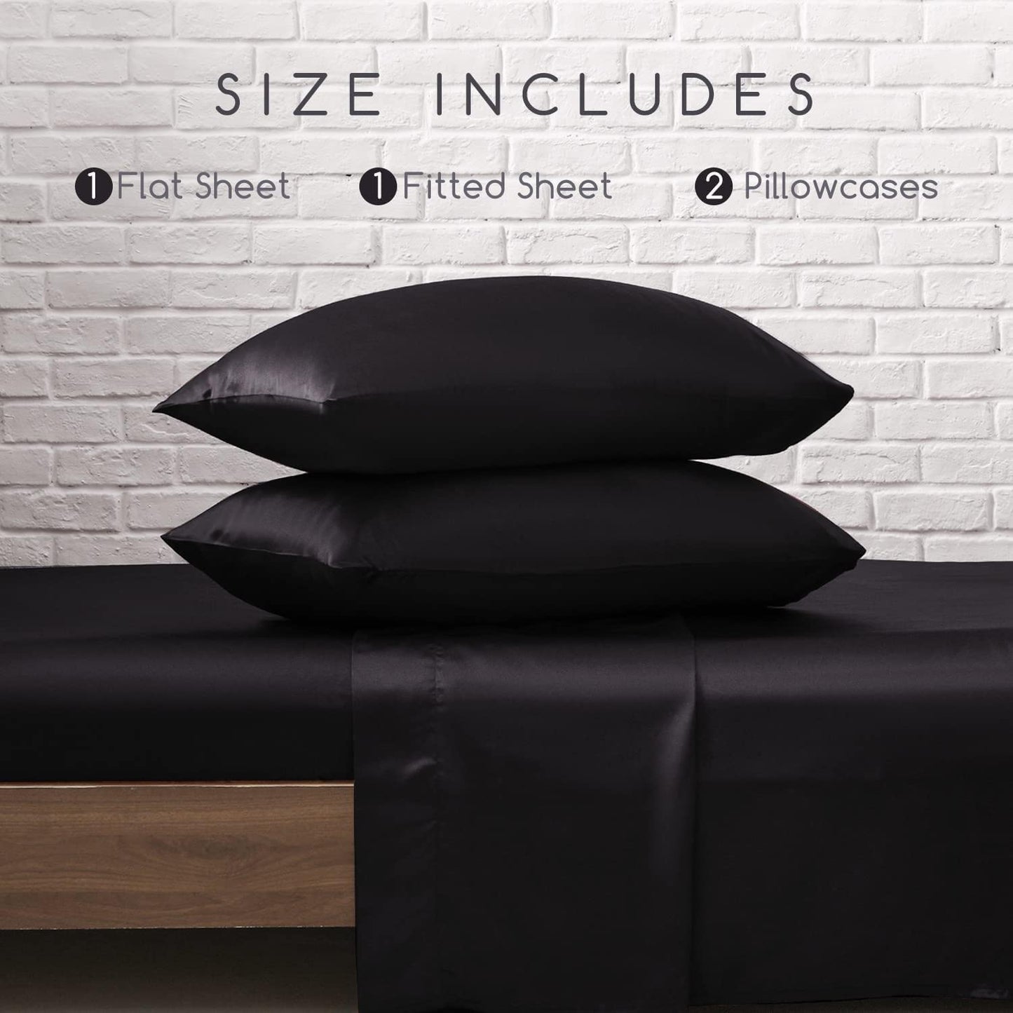 Minimalist Black Premium Satin Bed Sheets, 4 Pc set w/15" Deep Pocket, King size