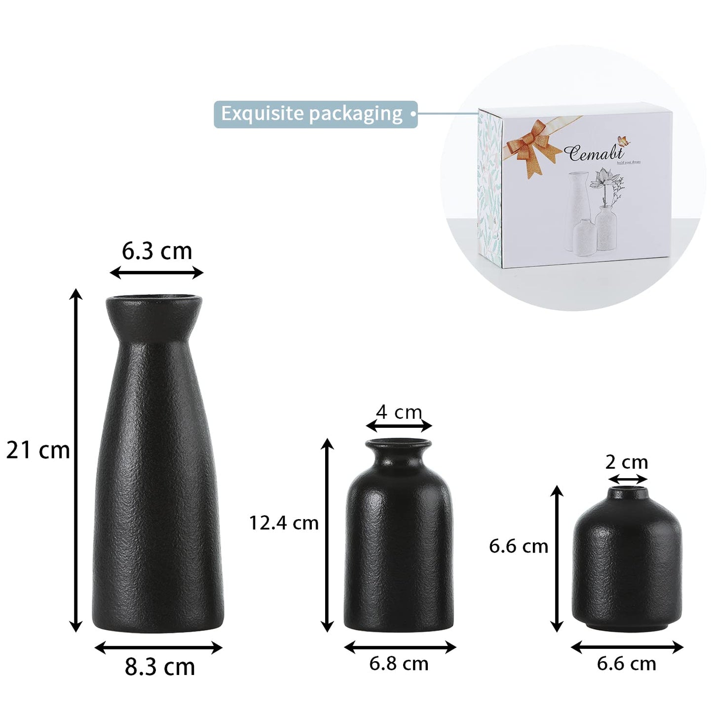 Minimalist Black Ceramic Vases for Bookshelf, Entryway Table, Centrepiece, Bedroom, Office, Bathroom