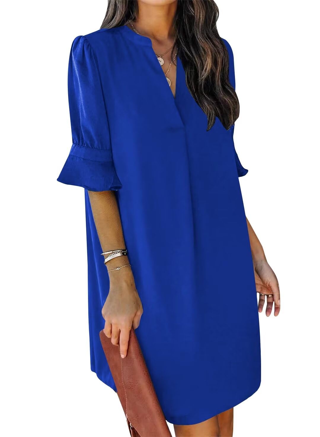 Minimalist Royal Blue Short Sleeve Women's V Neck Ruffle T-Shirt Dress