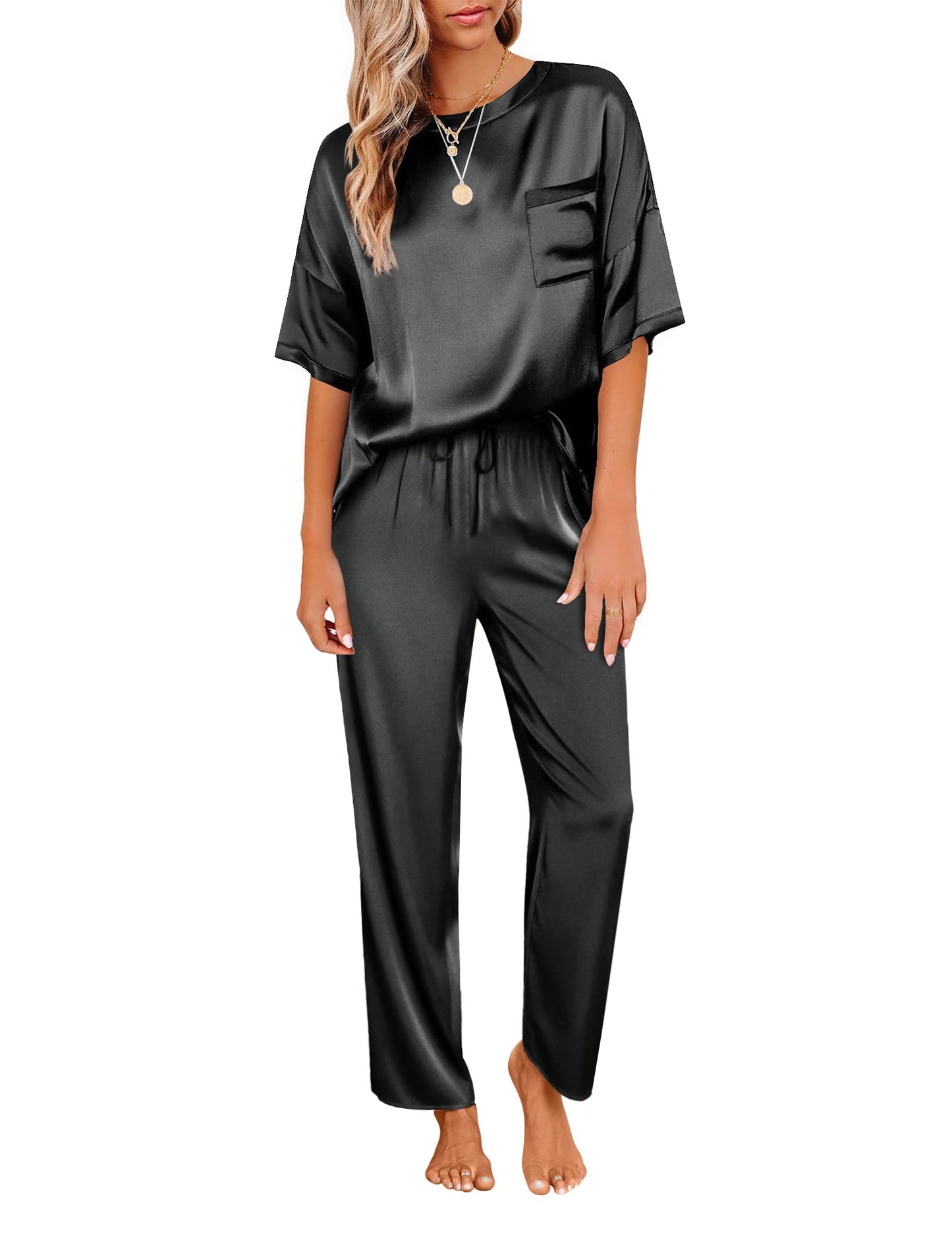 Minimalist Black Satin Women's Pyjama, Loungewear Short Sleeve and Pants, 2 Piece Set