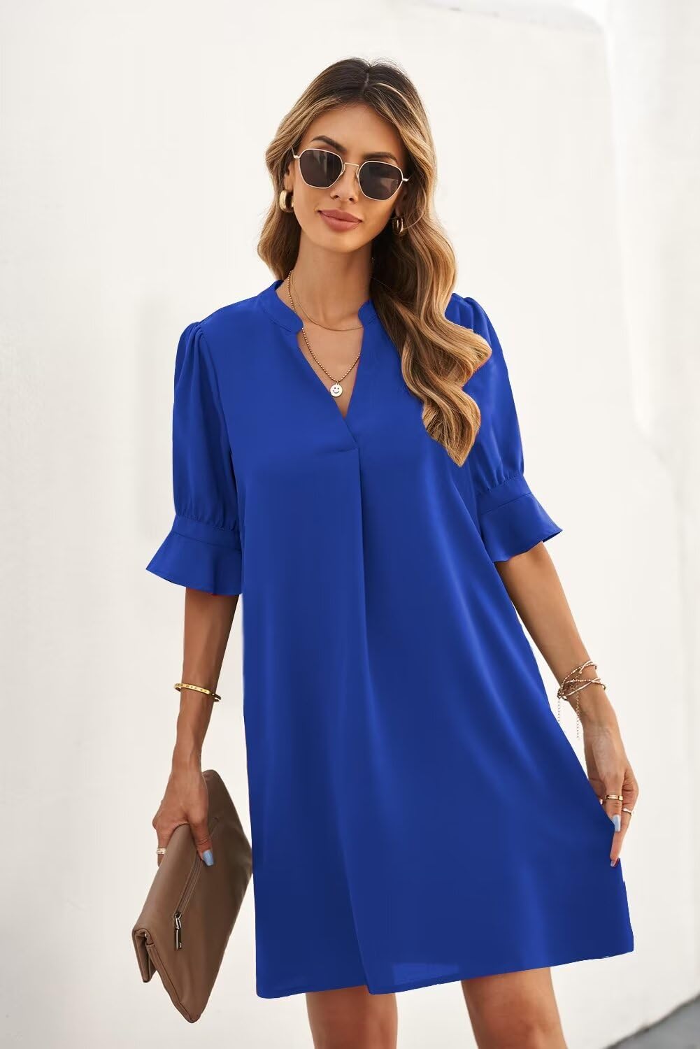 Minimalist Royal Blue Short Sleeve Women's V Neck Ruffle T-Shirt Dress