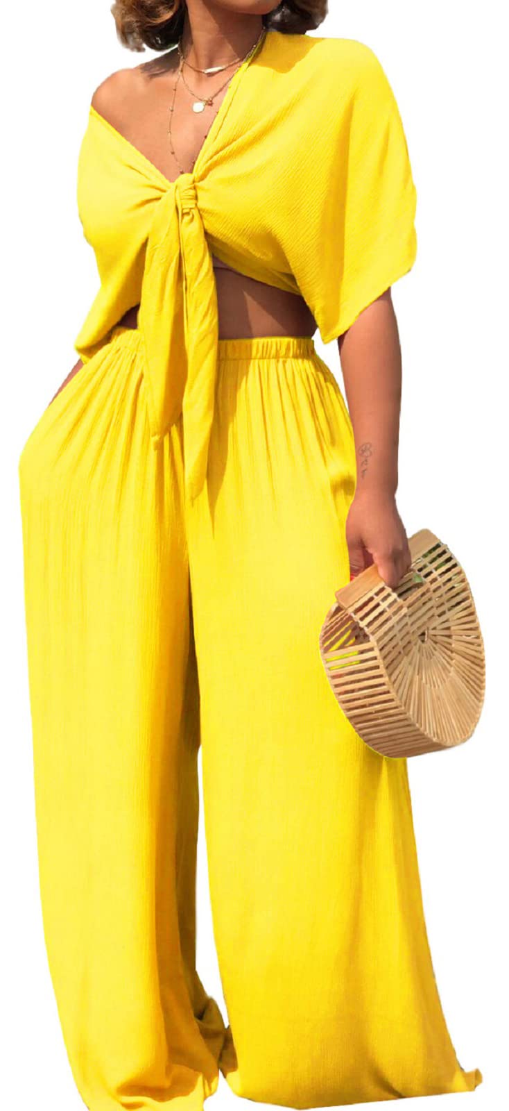 Minimalist Yellow Long Sleeve Crop Top, Elastic Waist Pants, 2 Piece Set