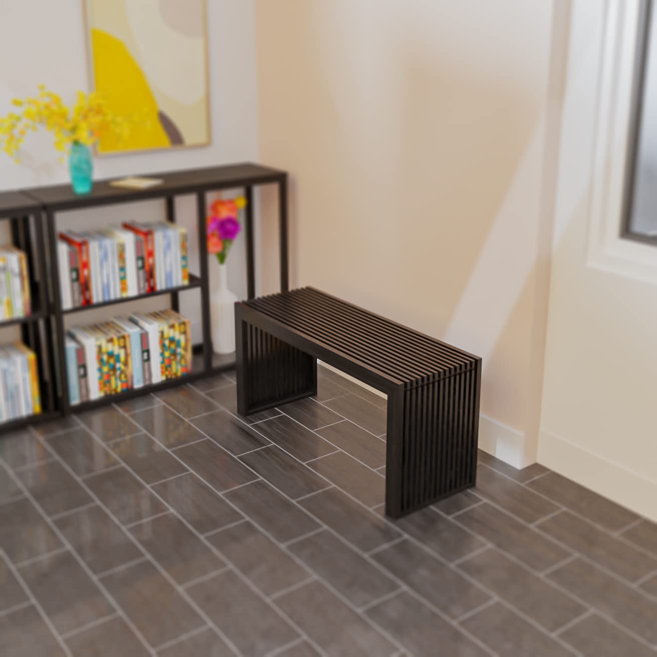 Minimalist Black Bamboo Bench: Sustainable Design with Grille-Inspired Details
