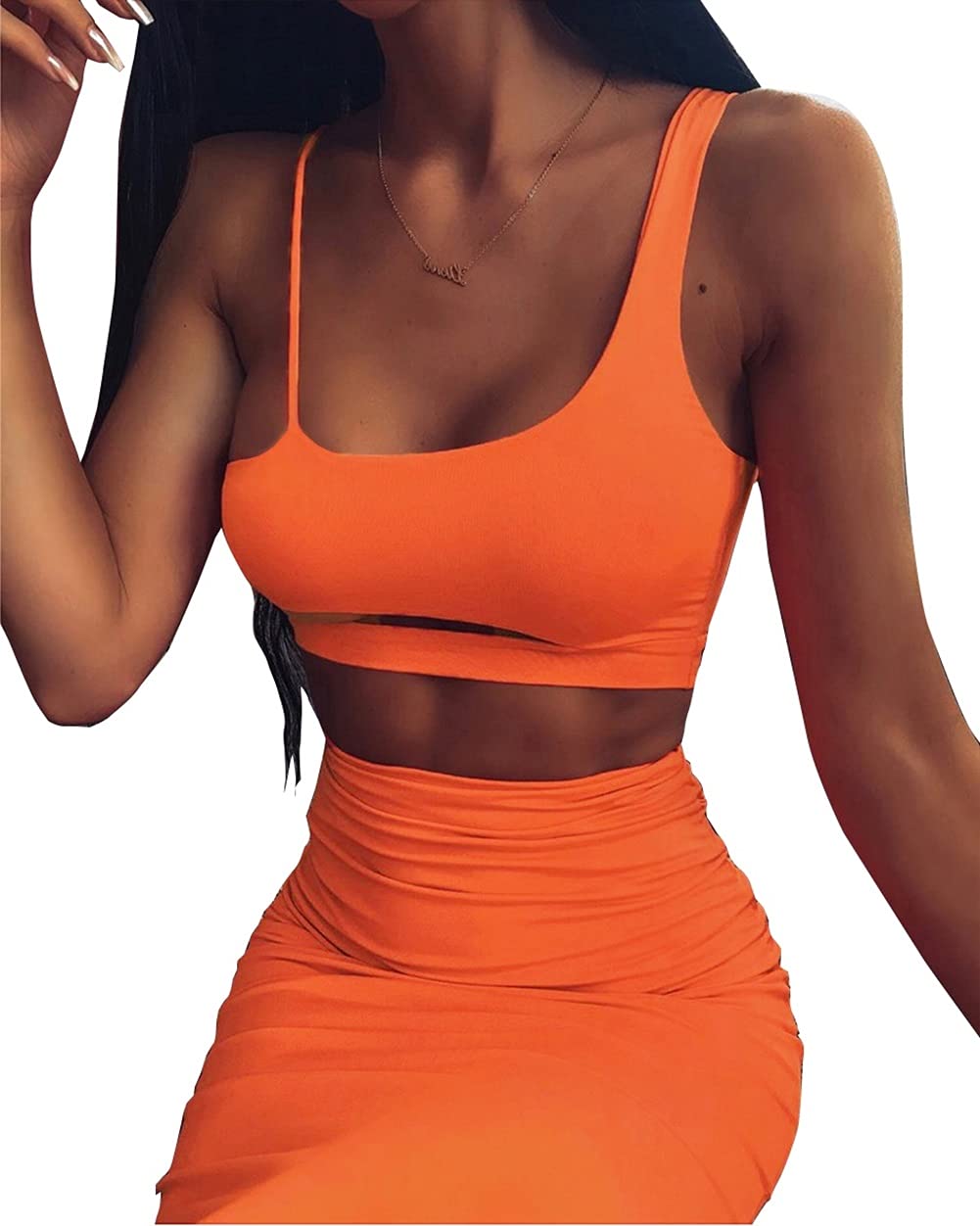 Minimalist Orange Asymmetrical Bodycon Spaghetti Strap Women's Dress