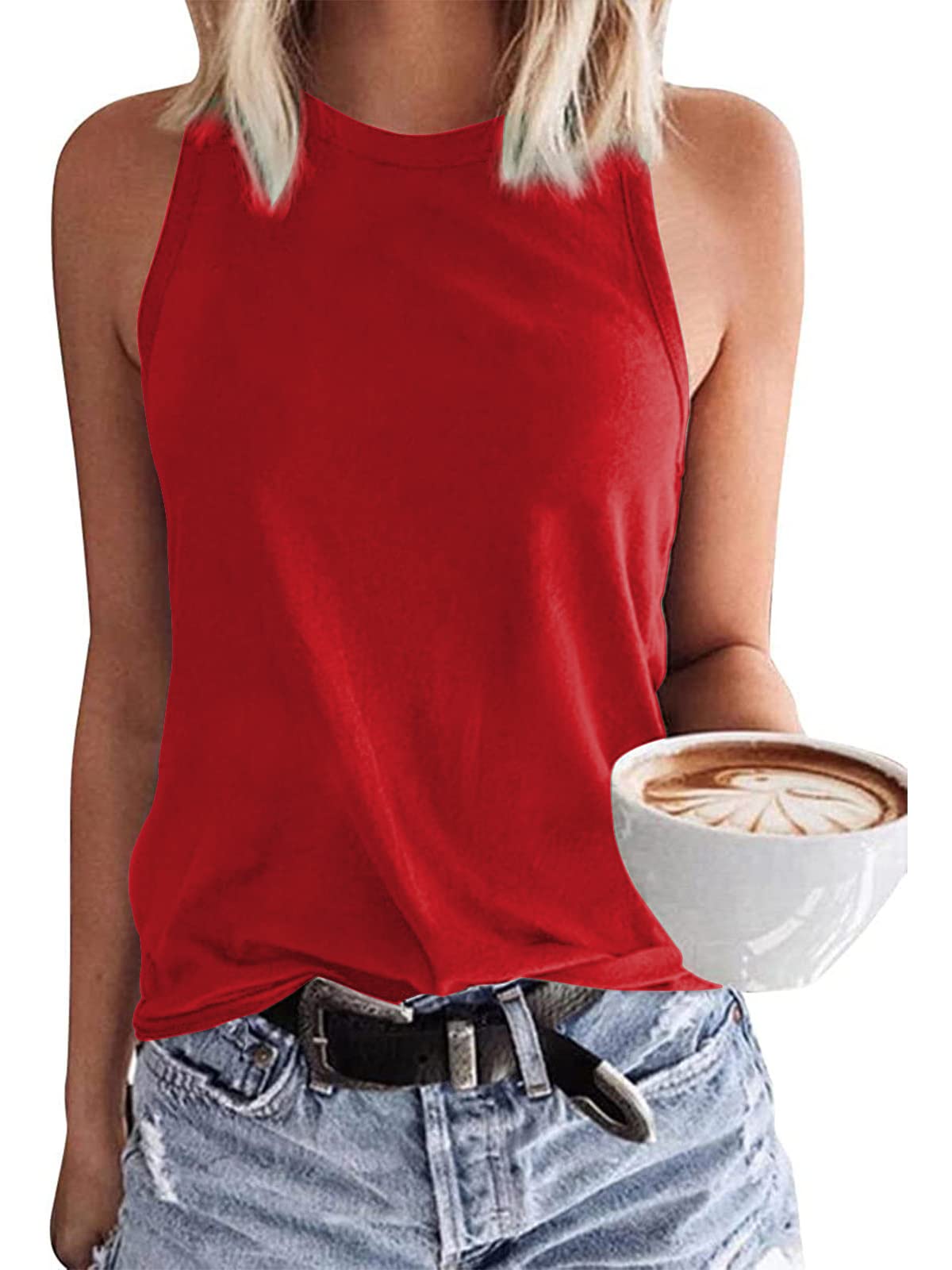 Minimalist Red Basic Crewneck Loose Fit Women's Summer Sleeveless Shirt