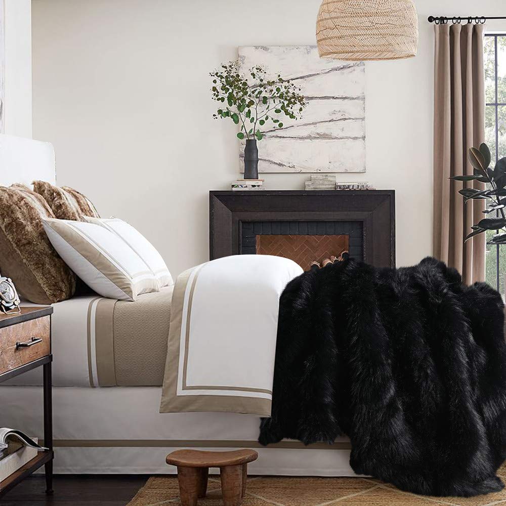 Minimalist Black Luxury Plush Faux Fur Throw Blanket, Long Pile, 50''x60''