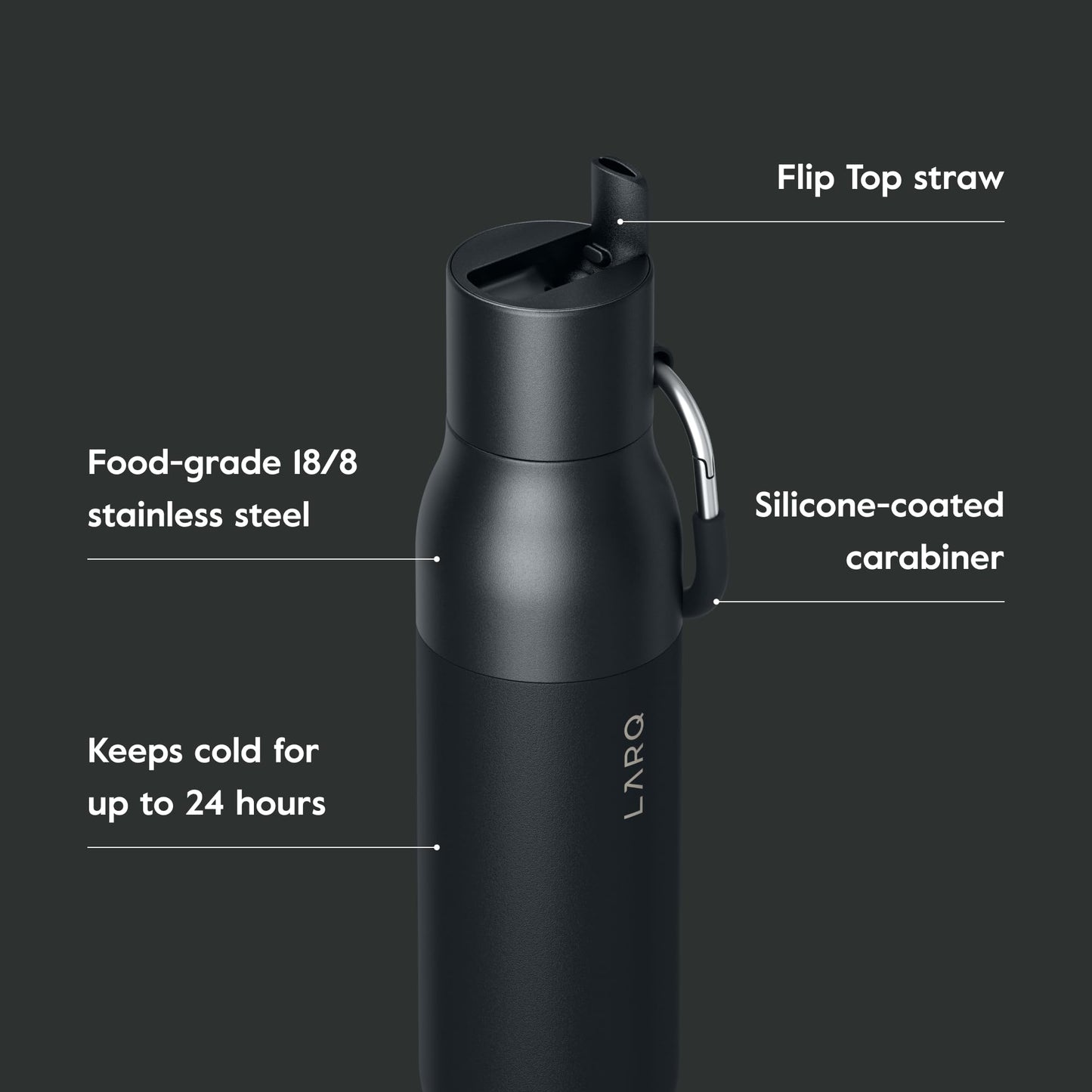 Minimalist Black 25oz Flip Top Insulated Stainless Steel Water Bottle with Straw, BPA Free, Reusable Water Bottle for Sports, Gym, Travel, 24 Hour Chill