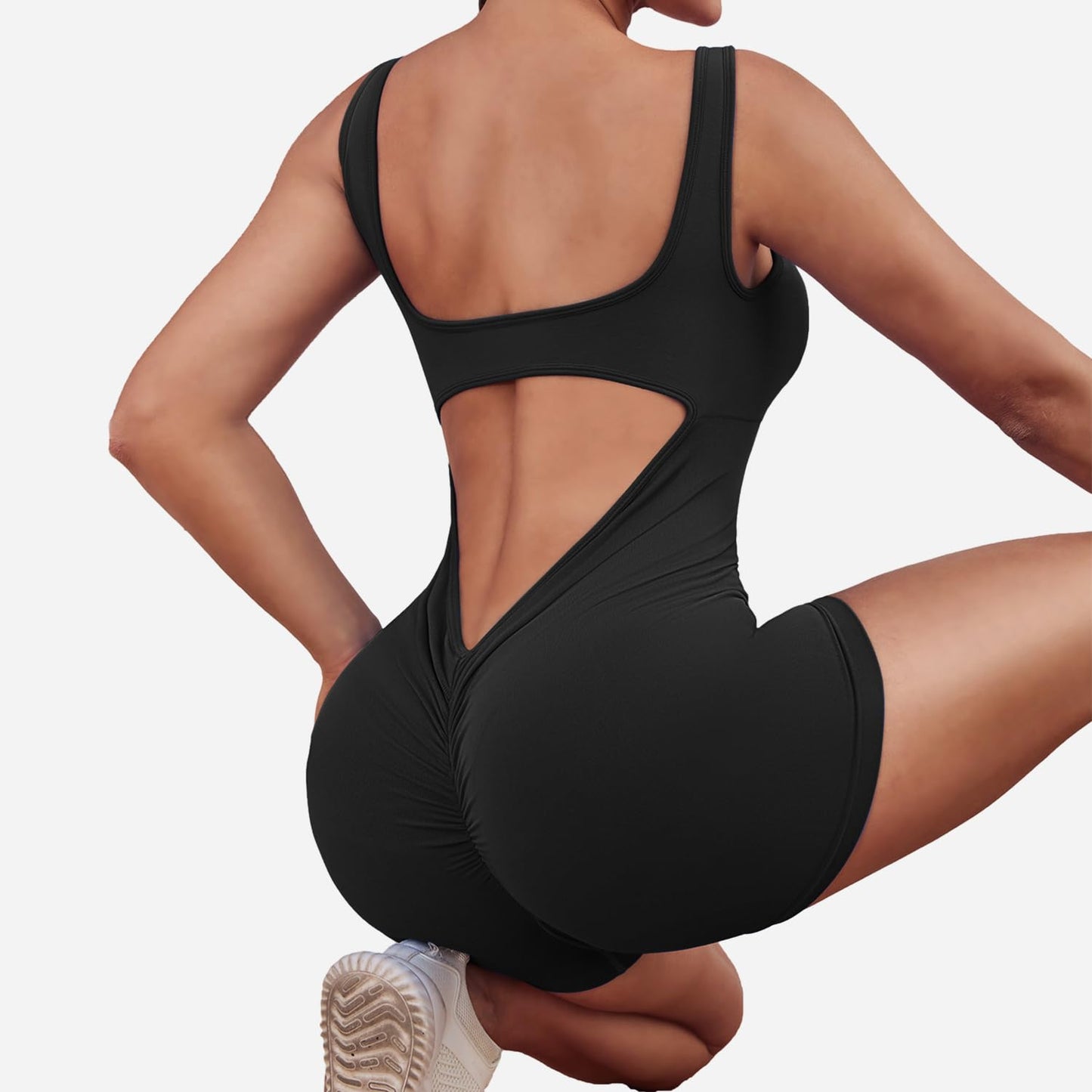 Minimalist Black Women's Sleeveless, Backless, V-Back Jumpsuit, Bodysuit, Romper