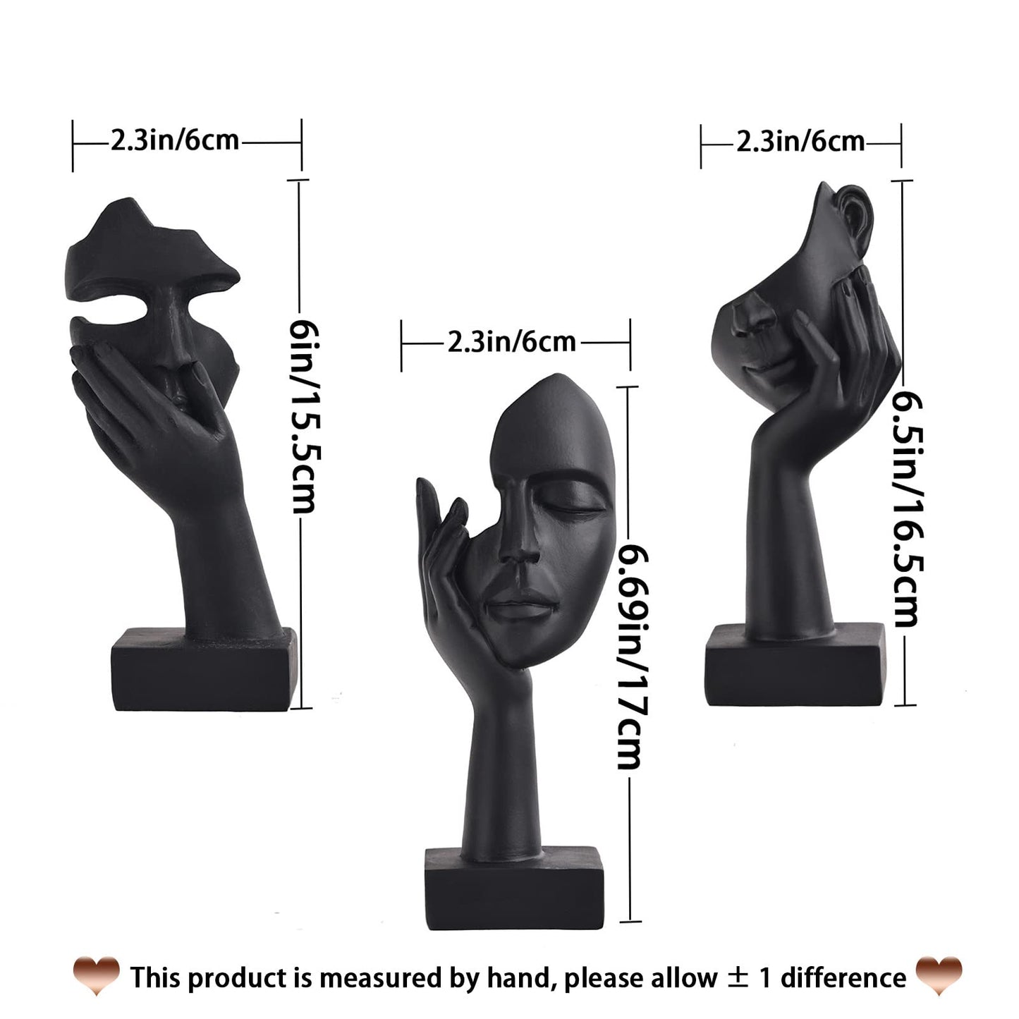 Minimalist Black Home Decor Accent Face Statue, 3 Pc Set