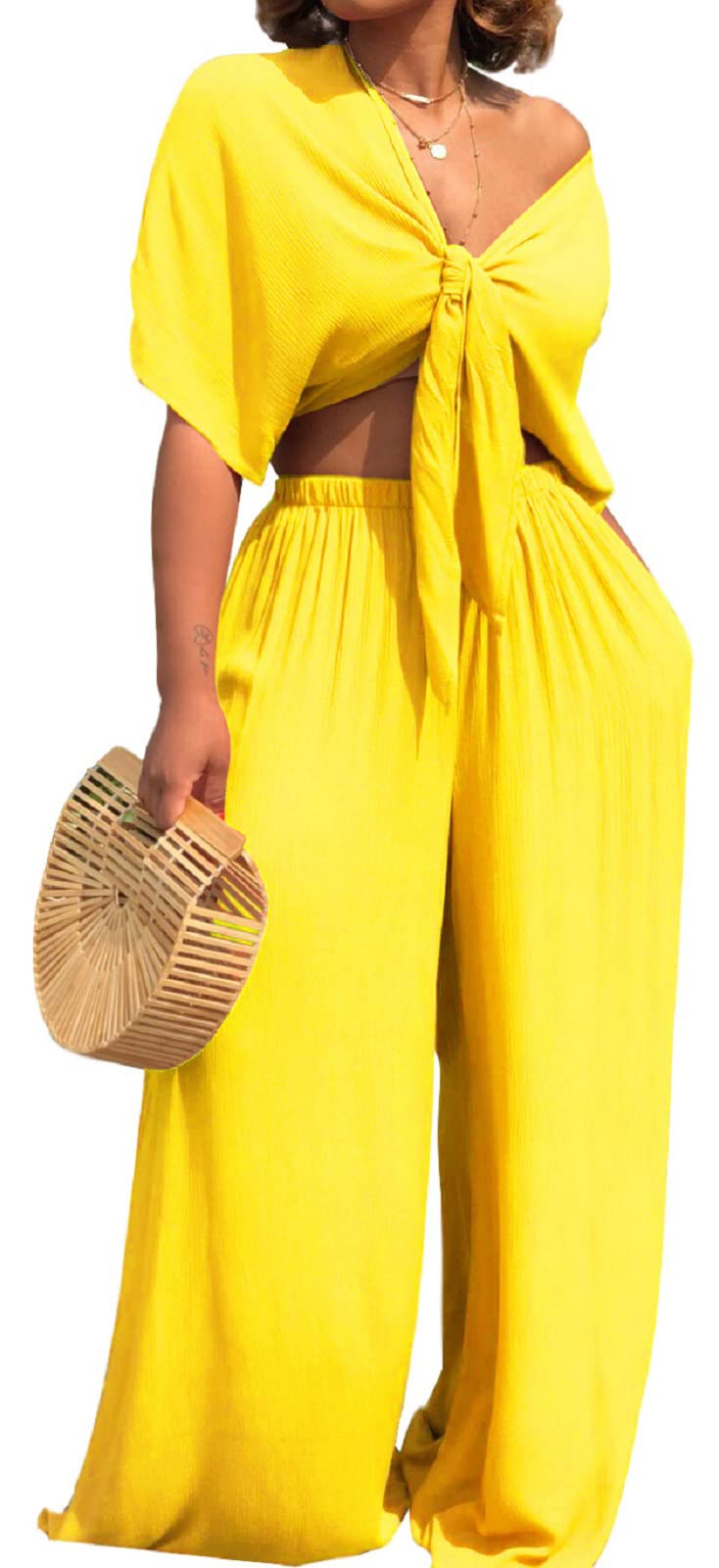 Minimalist Yellow Long Sleeve Crop Top, Elastic Waist Pants, 2 Piece Set