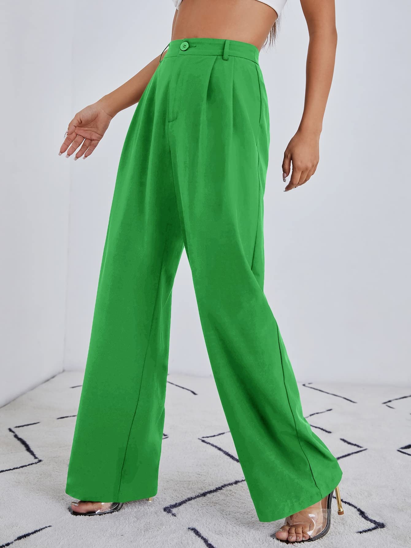 Minimalist Green High Waisted Palazzo Wide Leg Pants with Pockets
